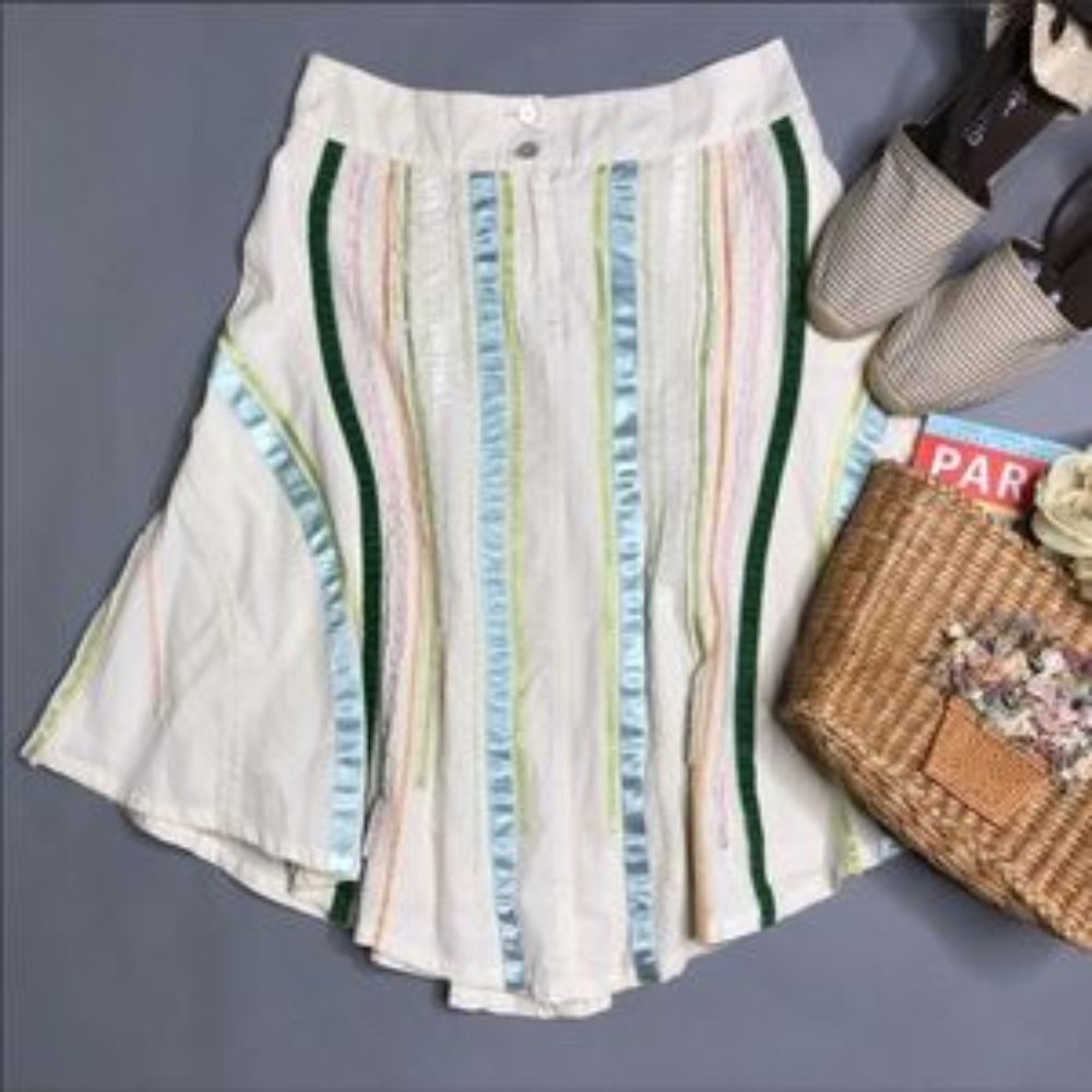 ANTHRO-OILILY-Cream & Colorful Pastel Ribbon A-Line Flowing Skirt Size Large